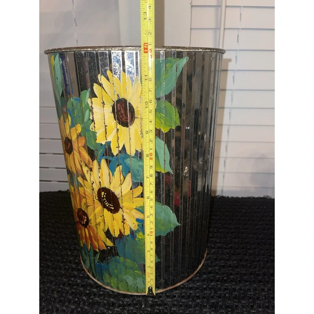 Vintage Hand Painted Tin/metal Trash Can Sunflowers Original Art